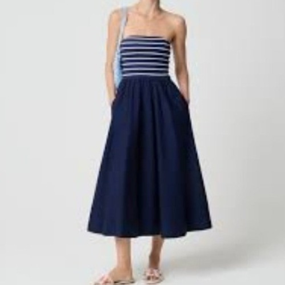 J.Crew Mixed-media Midi Dress Navy Blue White Striped Size Medium